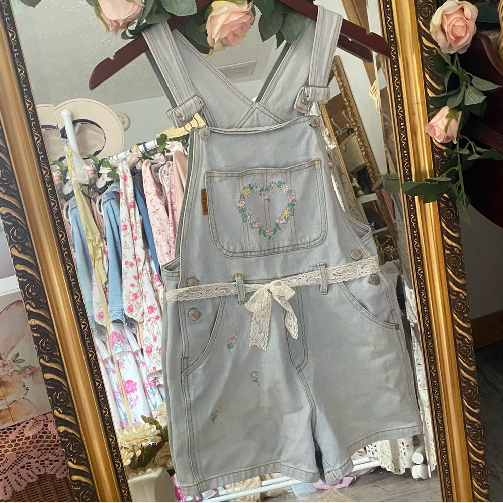Light Denim Cottage-core Overalls With Floral Embroidered Heart - Picture 2 of 7